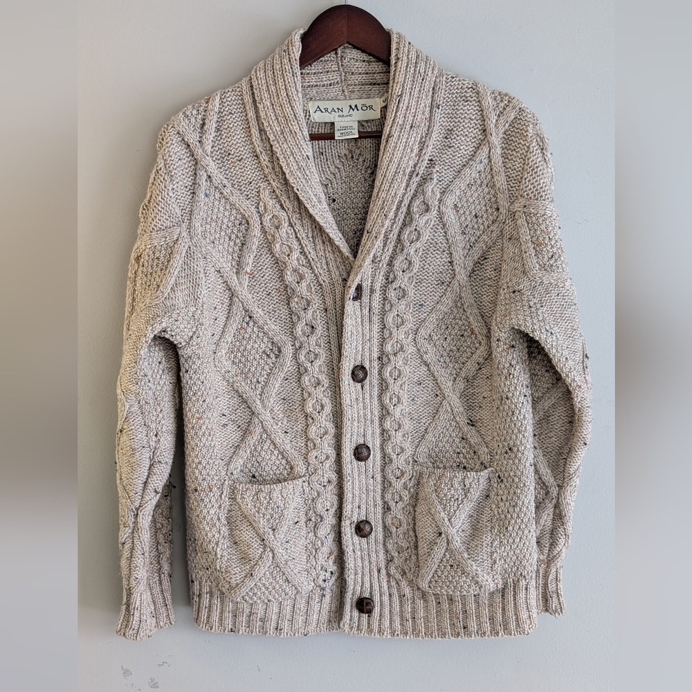 Aran Mōr | Irish Knit Cable Shawl Collar Cardigan, 100% Merino Wool Size S